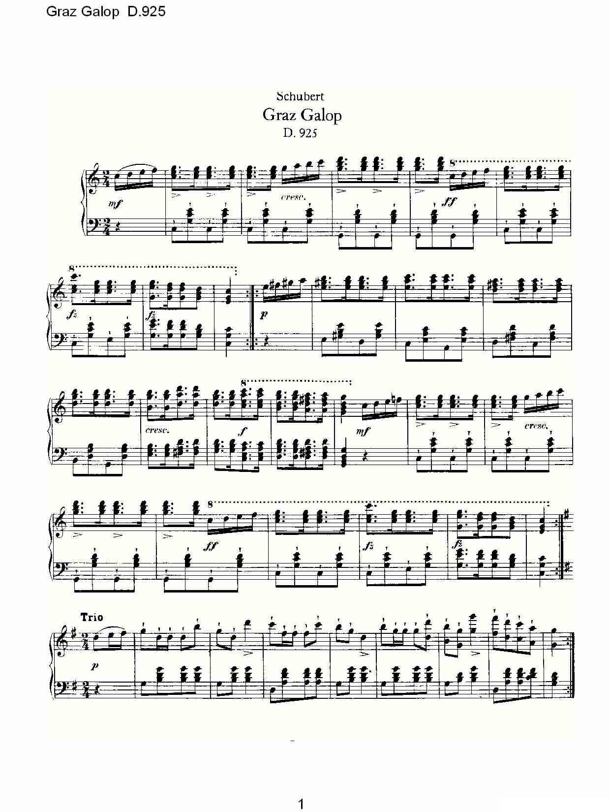 Graz Galop D.925（格拉茨快步舞 D.925）钢琴曲谱（图1）