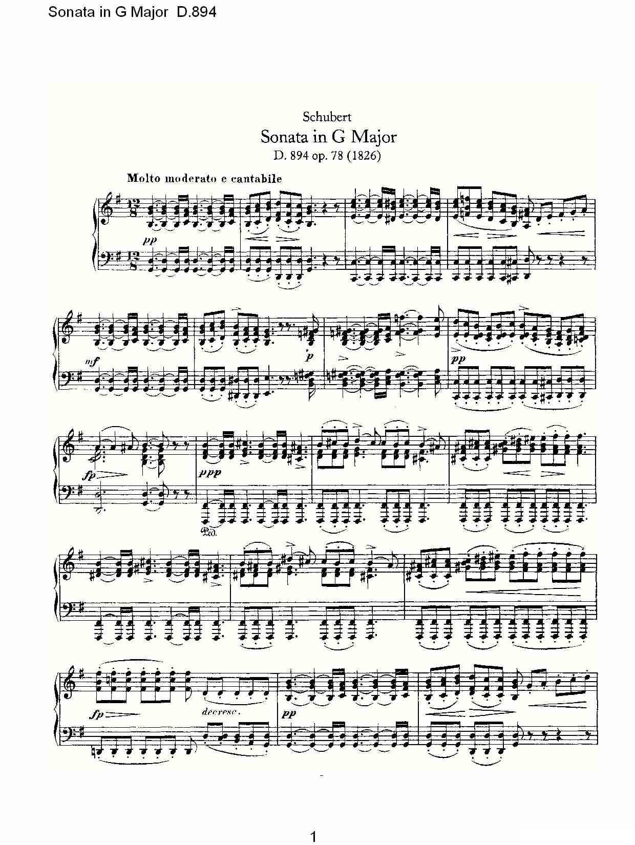 Sonata in G Major D.894（G大调奏鸣曲 D.894）钢琴曲谱（图1）