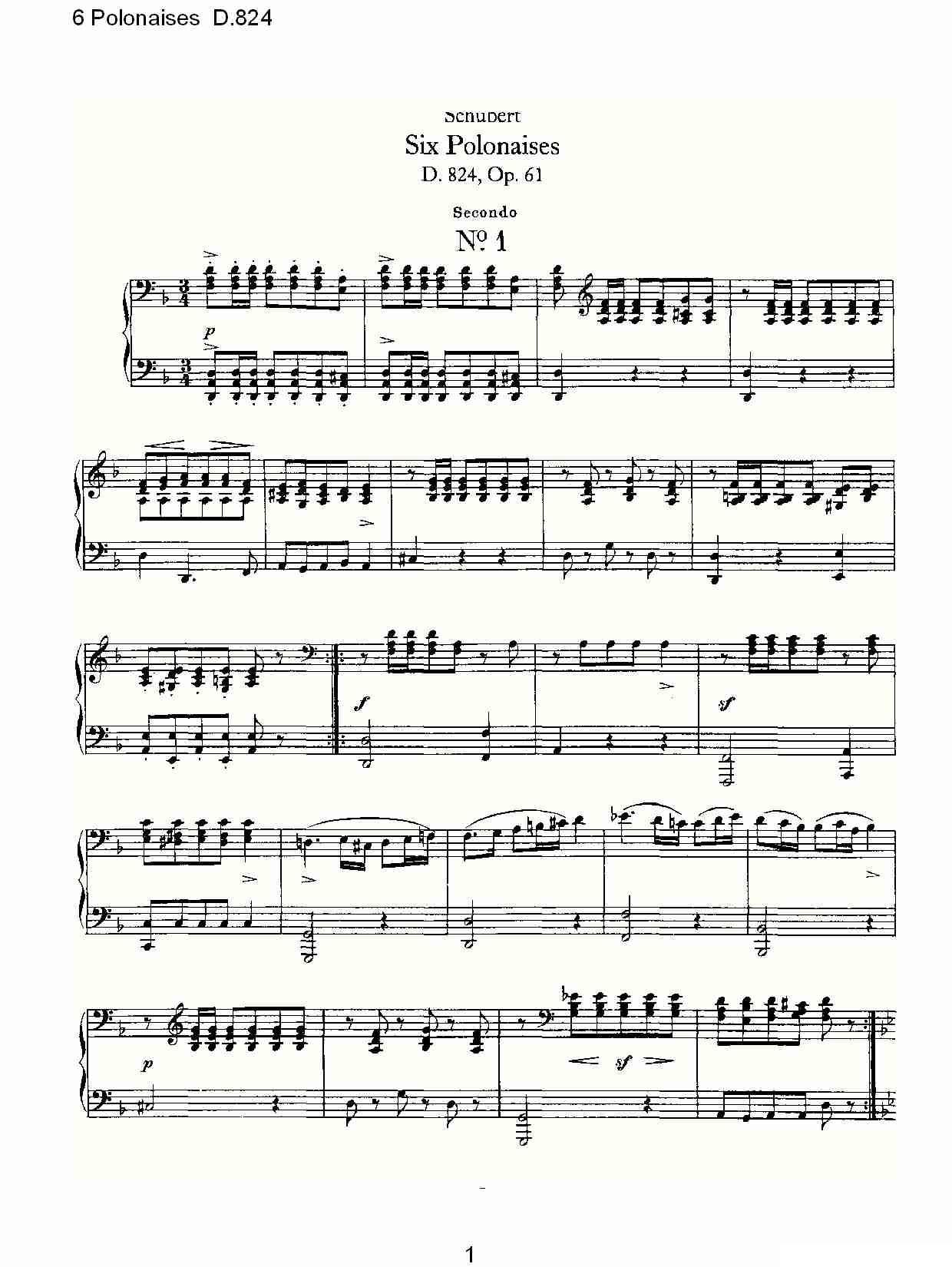 6 Polonaises D.824（6波罗乃兹舞曲 D.824）钢琴曲谱（图1）