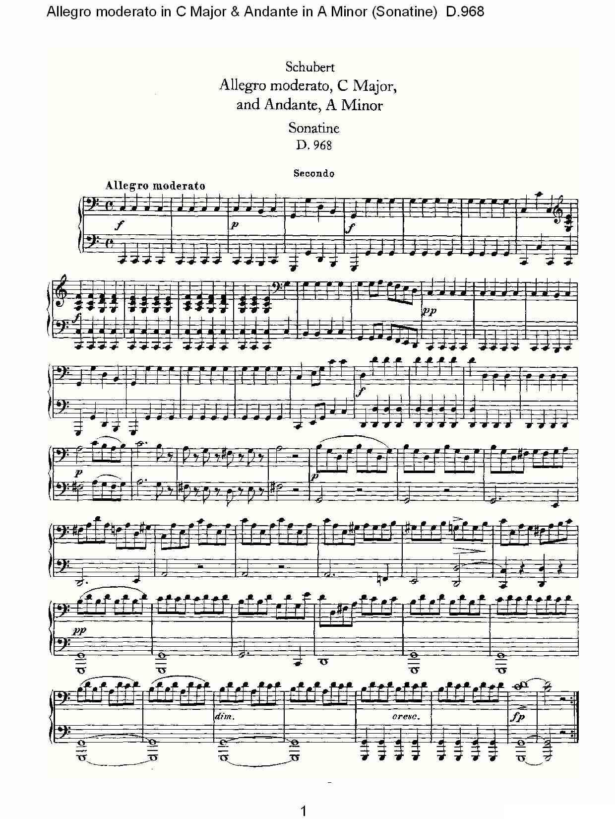 C大调快速的中板与A小调行板（小奏鸣曲)D.96）钢琴曲谱（图1）
