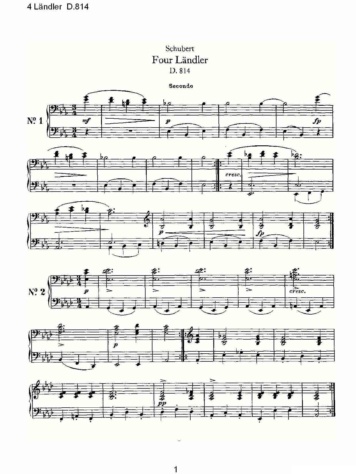 4 L?ndler D.814（4 兰德勒舞曲 D.814）钢琴曲谱（图1）