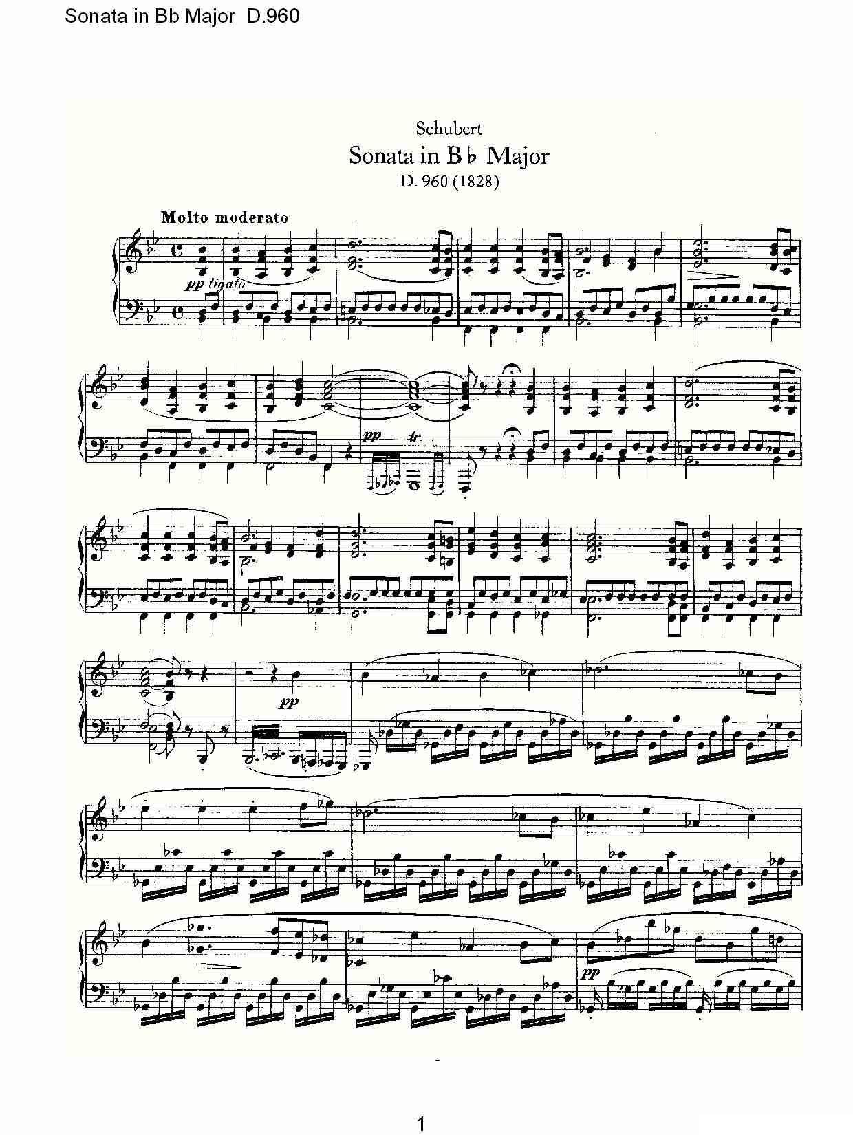 Sonata in Bb Major D.960（Bb大调奏鸣曲 D.960）钢琴曲谱（图1）