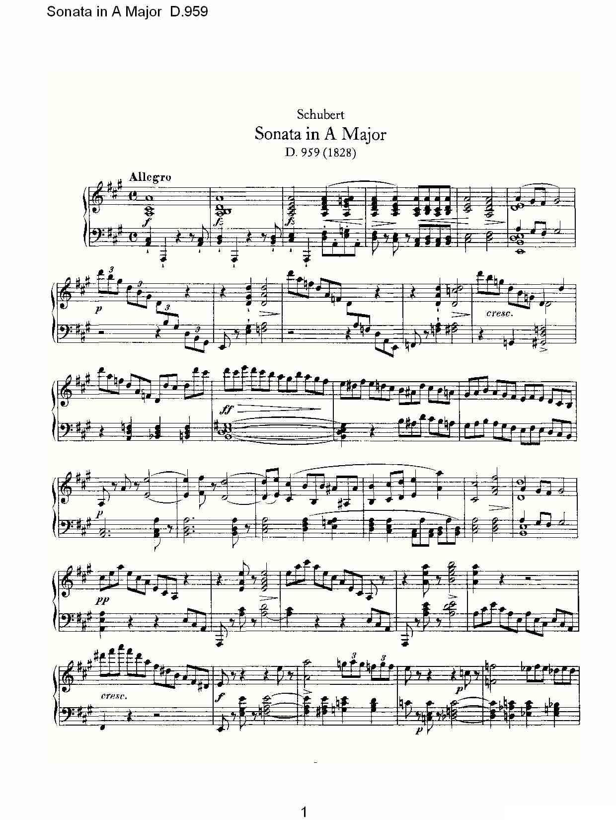 Sonata in A Major D.959（A大调奏鸣曲 D.959）钢琴曲谱（图1）