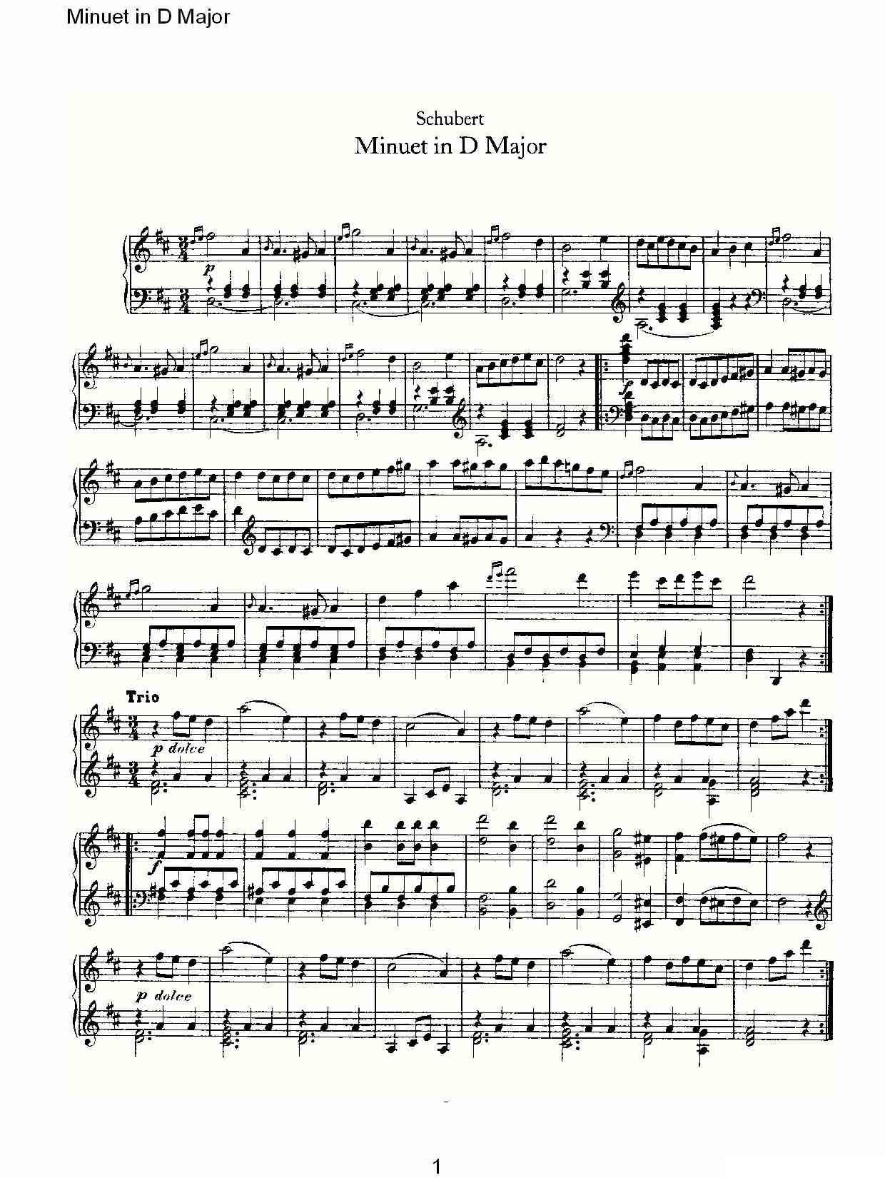 Minuet in D Major（D大调米奴哀小步舞曲）钢琴曲谱（图1）