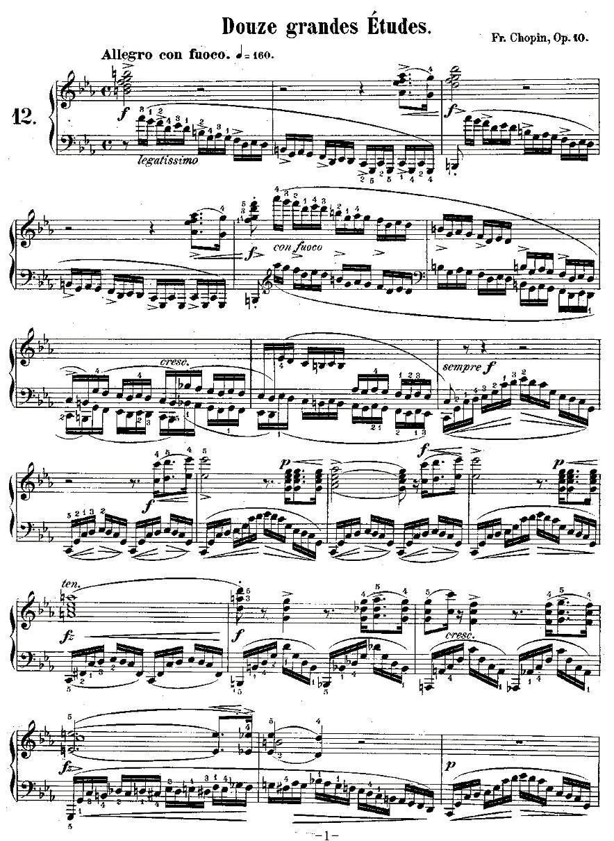 肖邦钢琴练习曲，Op.10之十二钢琴曲谱（图1）