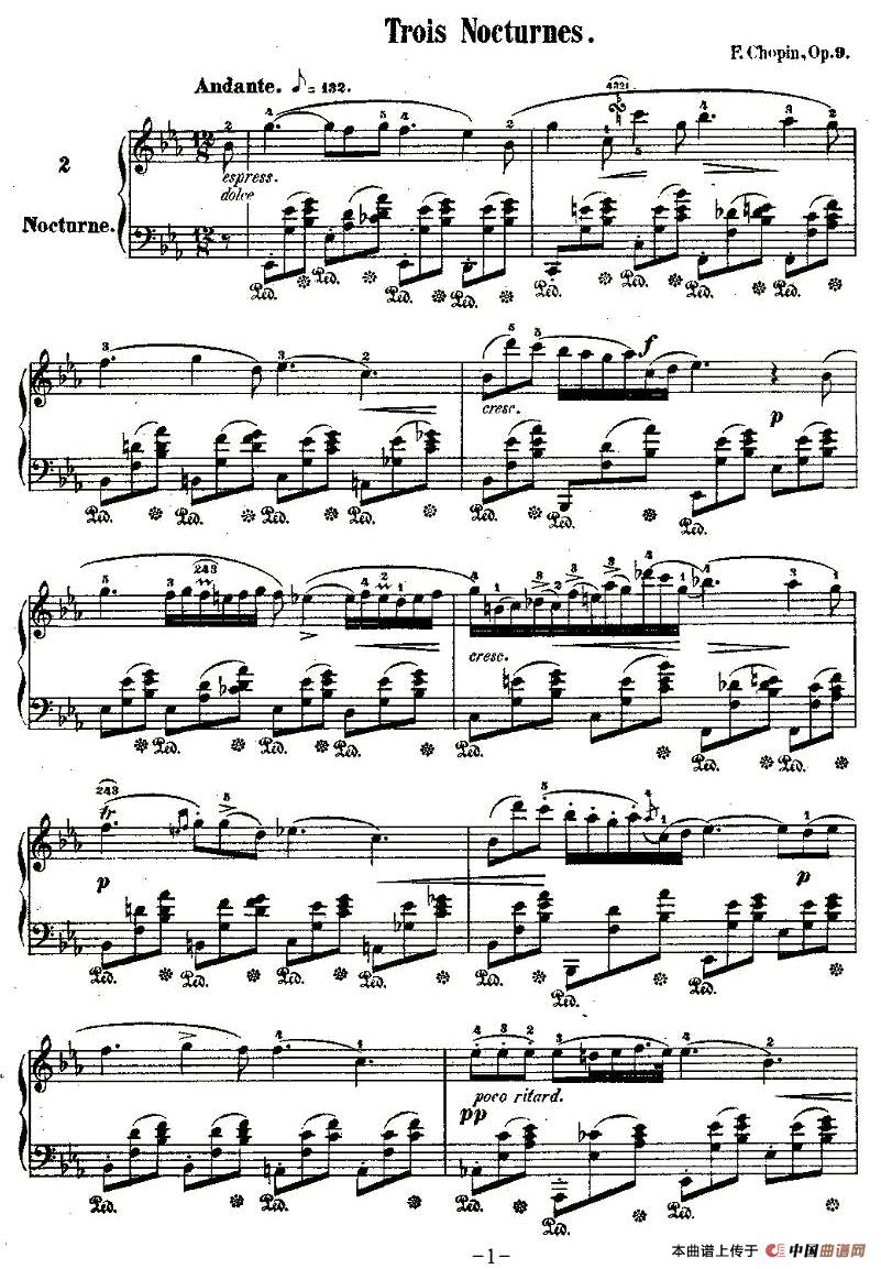 降E大调夜曲Op.9-2（Trois Nocturnes）钢琴曲谱（图1）