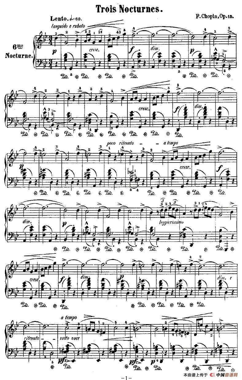 g小调夜曲Op.15-3（Trois  Nocturnes）钢琴曲谱（图1）