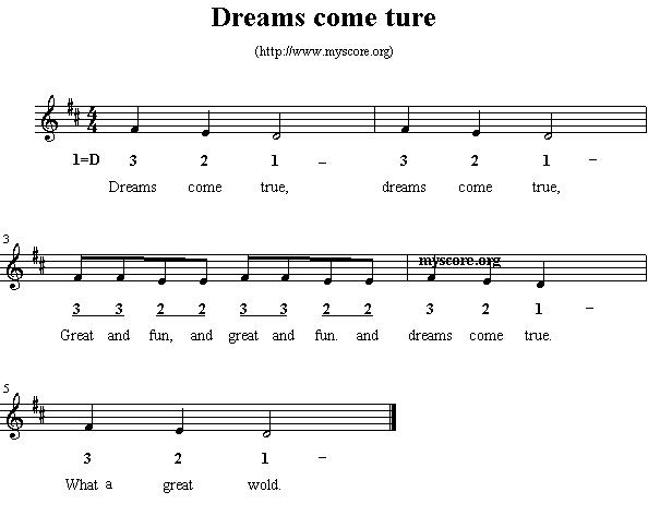 Dreams come ture（英文儿歌、五线谱）钢琴曲谱（图1）