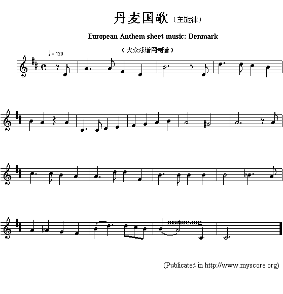 丹麦国歌(European Anthem sheet music:Denmark)钢琴曲谱（图1）