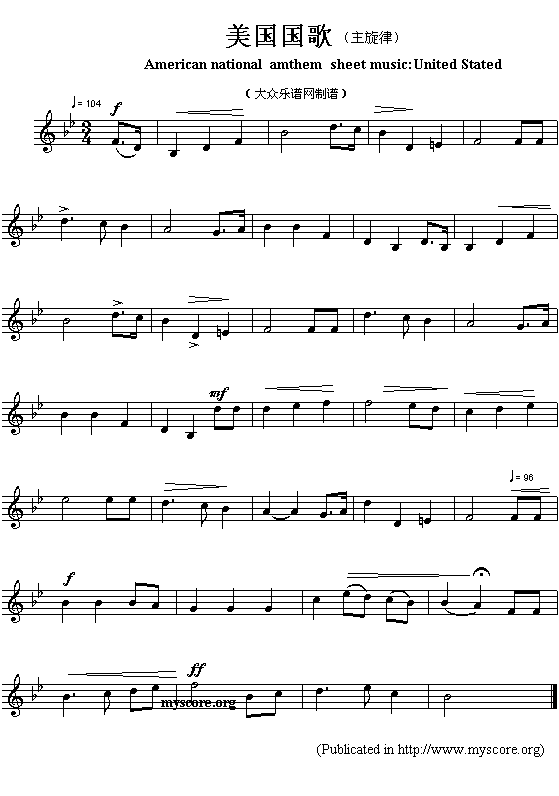 美国国歌（American national amthem sheet music:Unitd Stated）钢琴曲谱（图1）