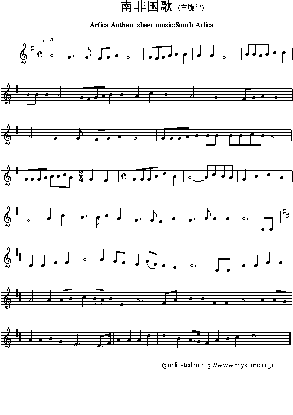 南非国歌（Arfica Anthen sheet music:South Arfica）钢琴曲谱（图1）