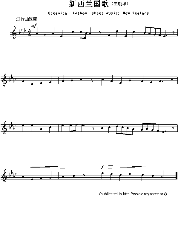 新西兰国歌（Oceanica Anthem sheet music:New Zealand）钢琴曲谱（图1）