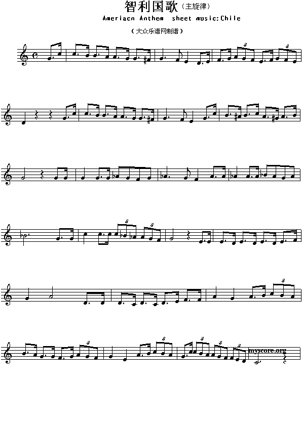 智利国歌（Ameriacn Anthem sheet music:Chile）钢琴曲谱（图1）