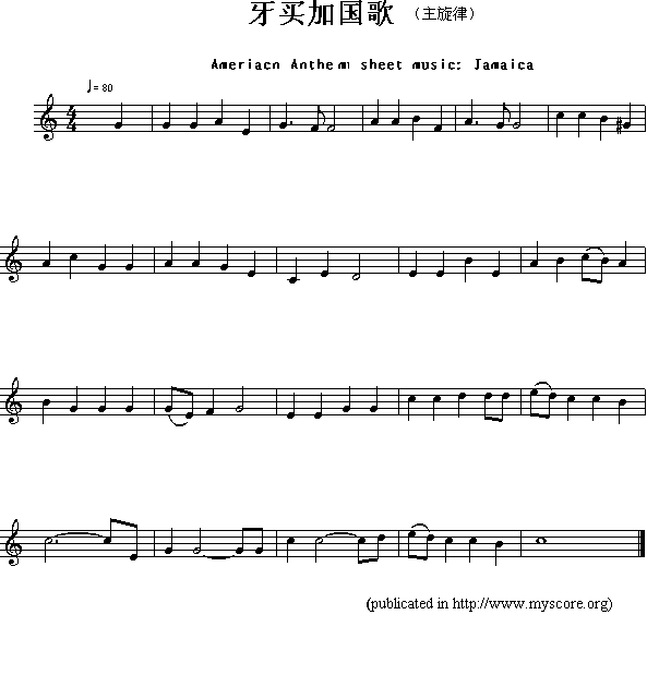 牙买加国歌（Ameriacn Anthem sheet music:Jamaica）钢琴曲谱（图1）