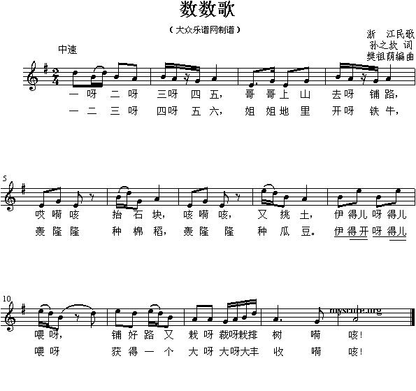 数数歌（孙之坎词 樊祖荫曲、五线谱）钢琴曲谱（图1）