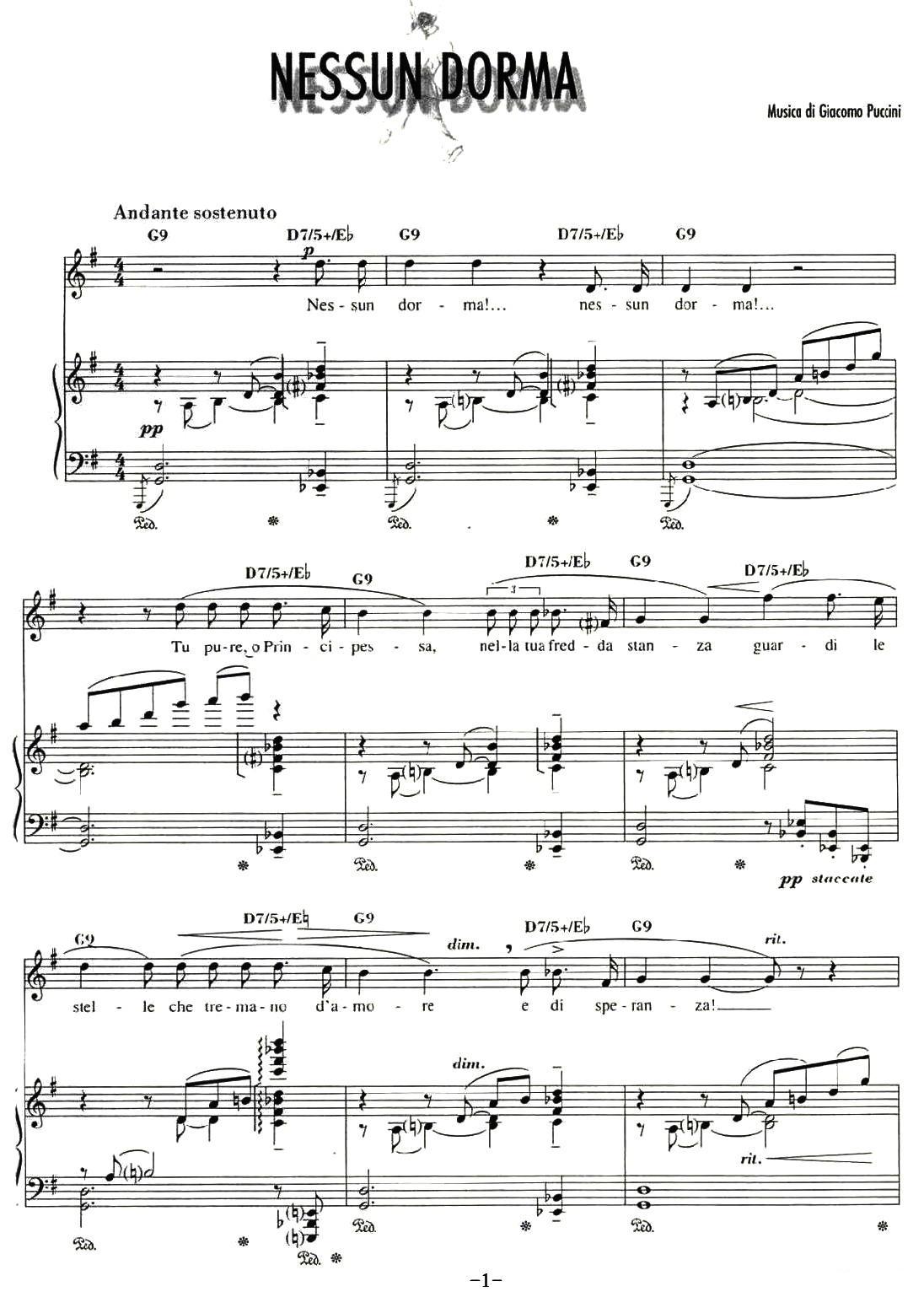 [意]今夜无人入眠（歌剧《图兰朵》选曲、正谱）钢琴曲谱（图1）