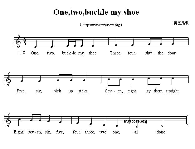 One,two,buckle my shoe （英文儿歌、五线谱）钢琴曲谱（图1）