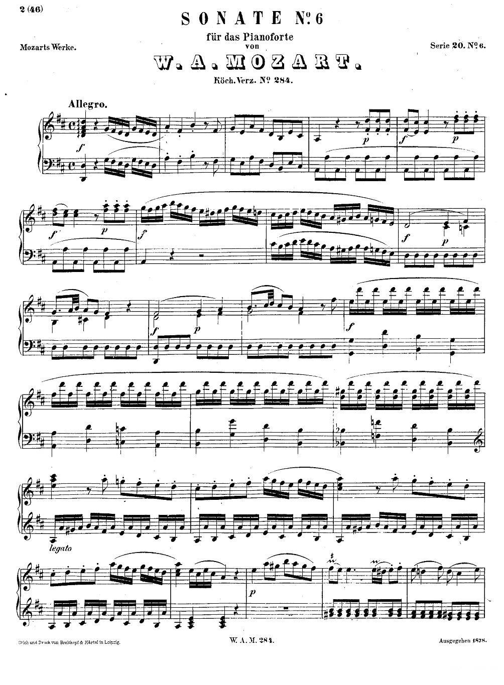 D大调第六钢琴奏鸣曲 KV.284钢琴曲谱（图1）