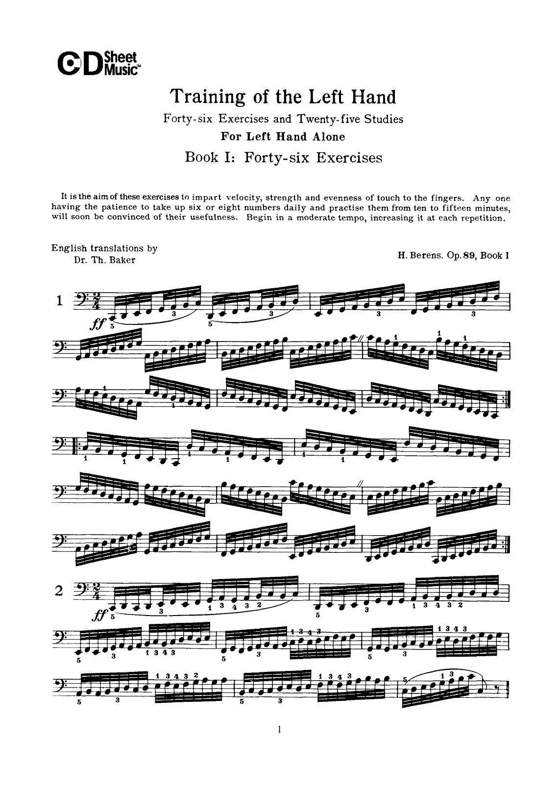 贝伦斯钢琴（左手训练）练习曲（上册46首）钢琴曲谱（图1）