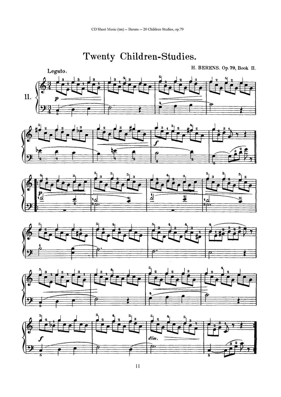 贝伦斯20首儿童钢琴练习曲（11—20）钢琴曲谱（图1）