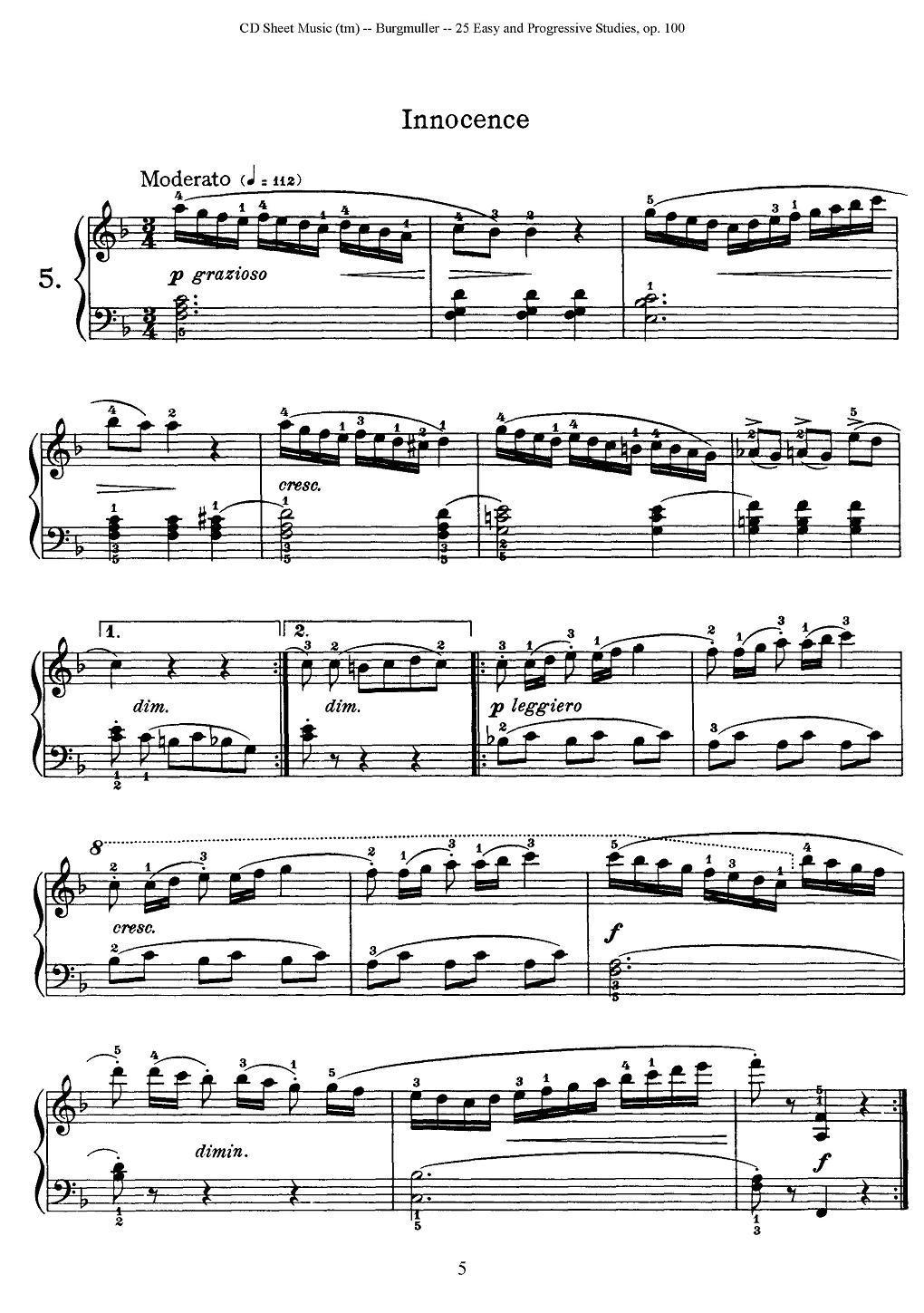 布尔格缪勒-25首钢琴进阶练习曲 Op.100（5、天真烂漫）钢琴曲谱（图1）