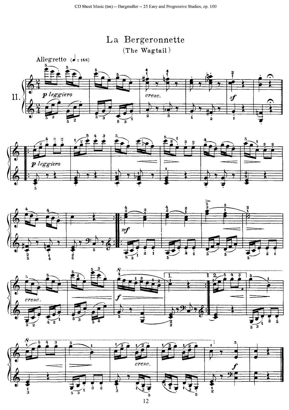 布尔格缪勒-25首钢琴进阶练习曲 Op.100（11、鹡鸰）钢琴曲谱（图1）