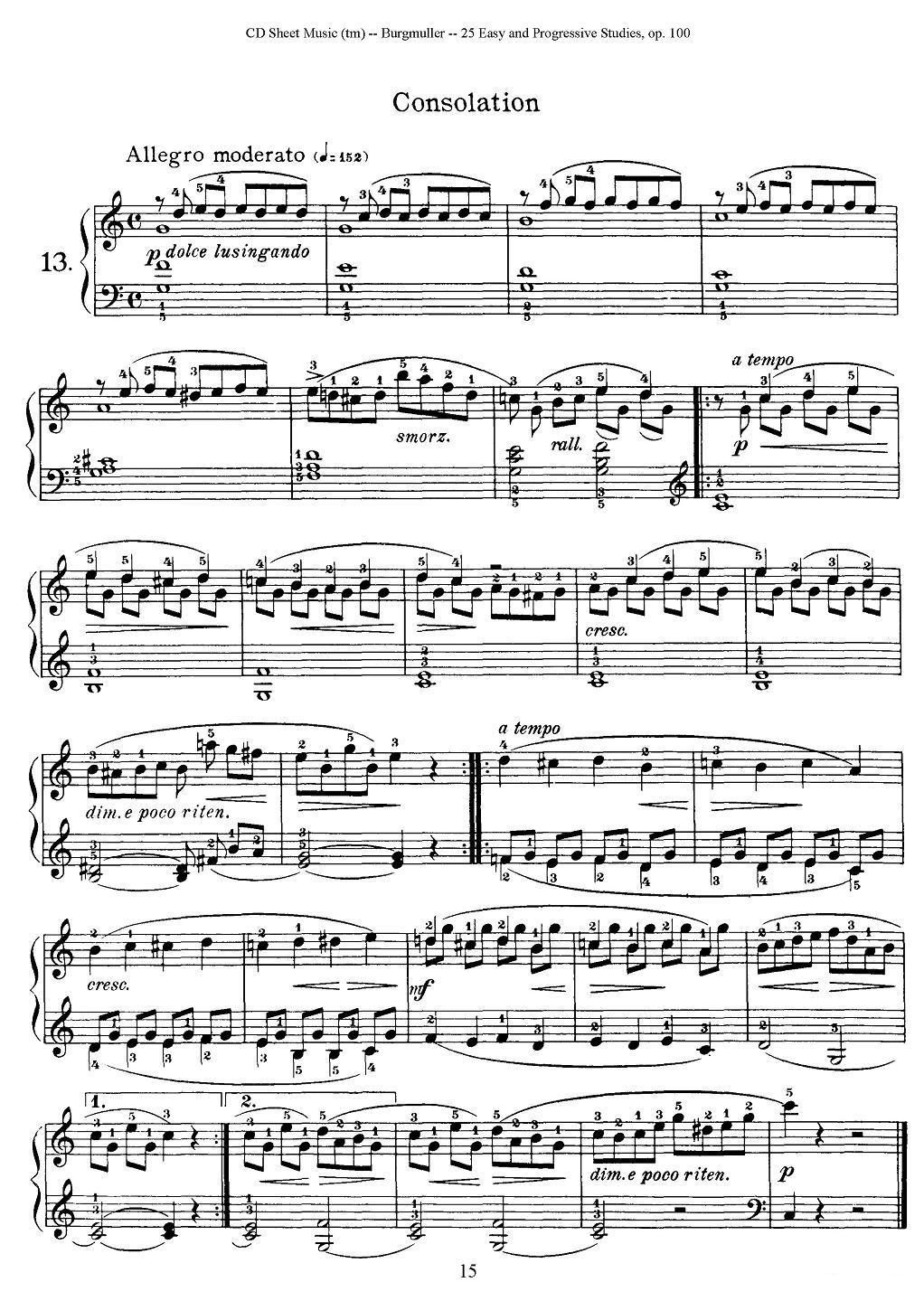 布尔格缪勒-25首钢琴进阶练习曲 Op.100（13、安慰）钢琴曲谱（图1）