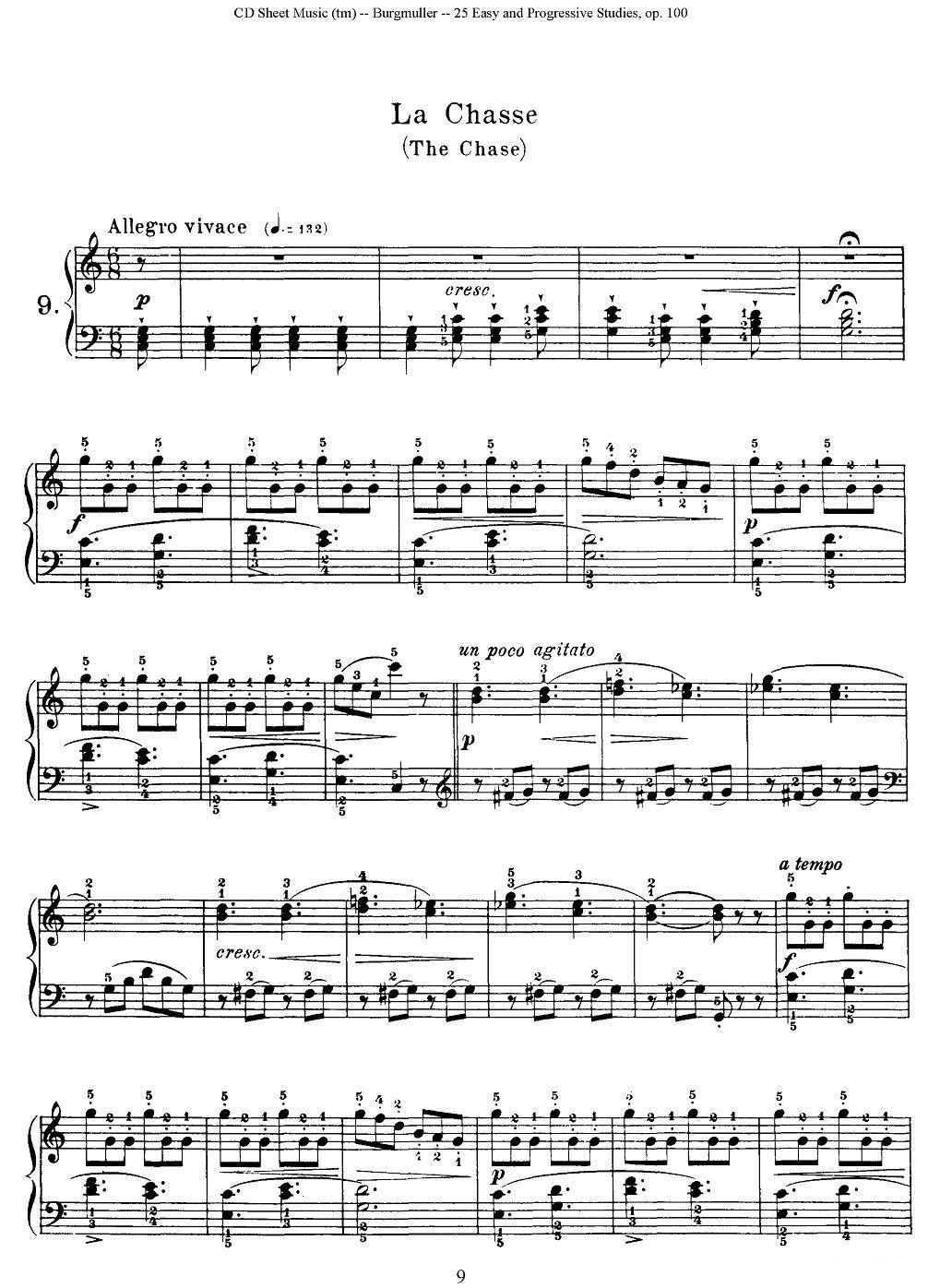 布尔格缪勒-25首钢琴进阶练习曲 Op.100（9、行猎）钢琴曲谱（图1）