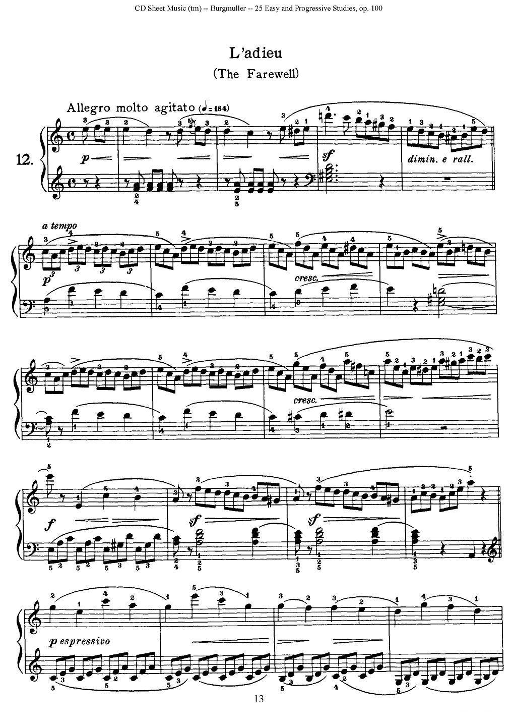 布尔格缪勒-25首钢琴进阶练习曲 Op.100（12、再会）钢琴曲谱（图1）
