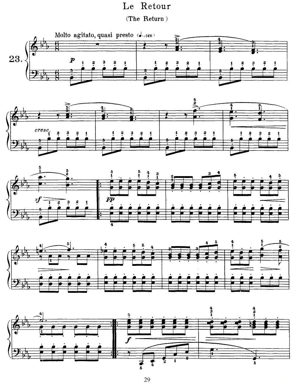 布尔格缪勒-25首钢琴进阶练习曲 Op.100（23、归来）钢琴曲谱（图1）