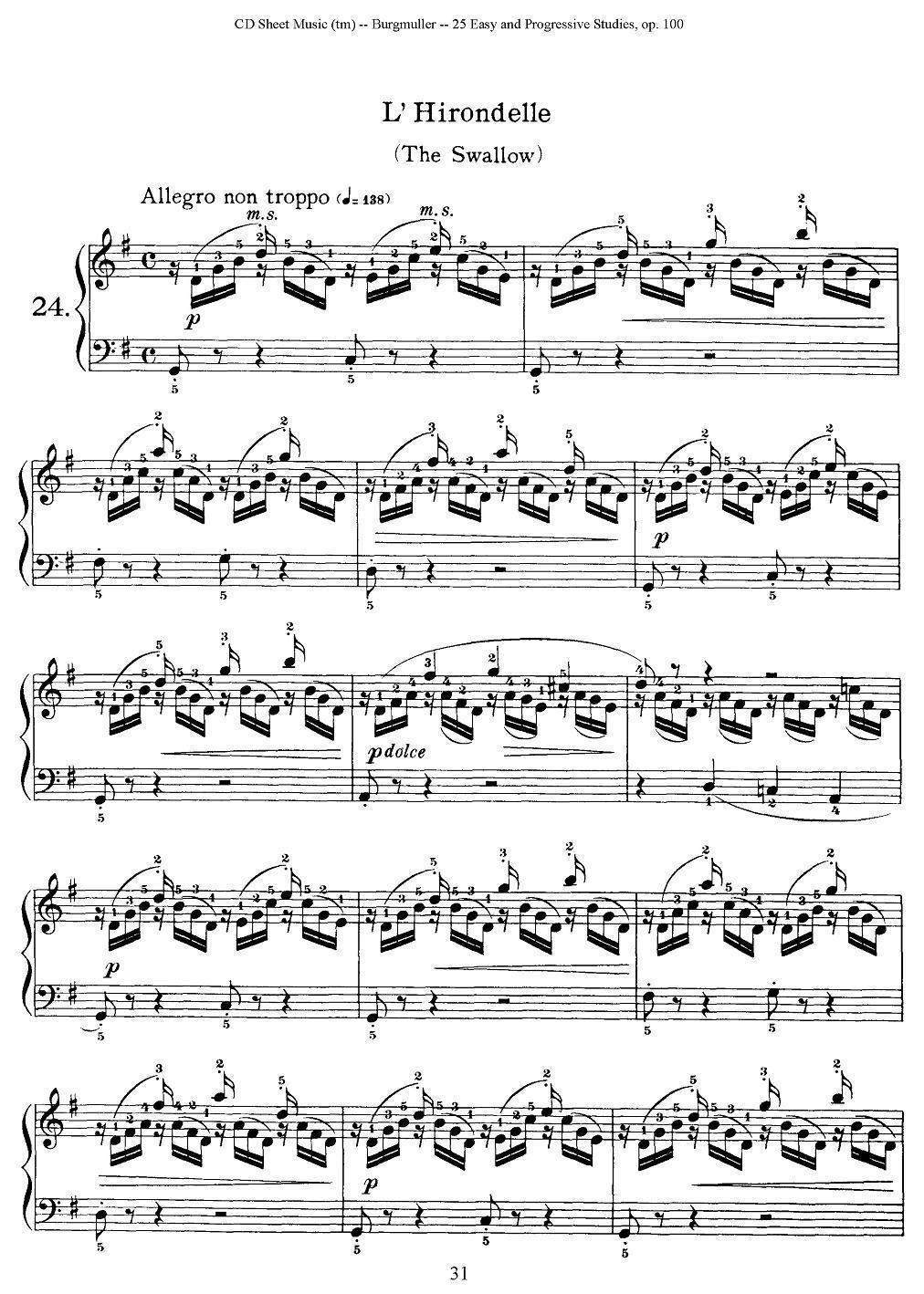 布尔格缪勒-25首钢琴进阶练习曲 Op.100（24、燕子）钢琴曲谱（图1）