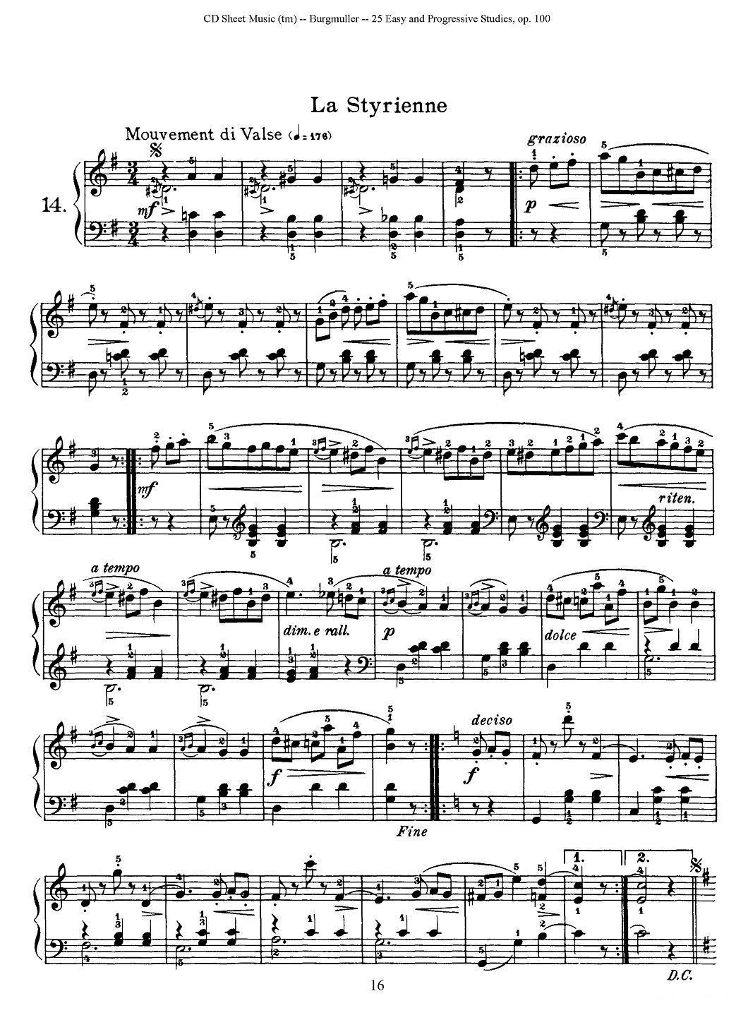 布尔格缪勒-25首钢琴进阶练习曲 Op.100（14、斯提利亚人）钢琴曲谱（图1）
