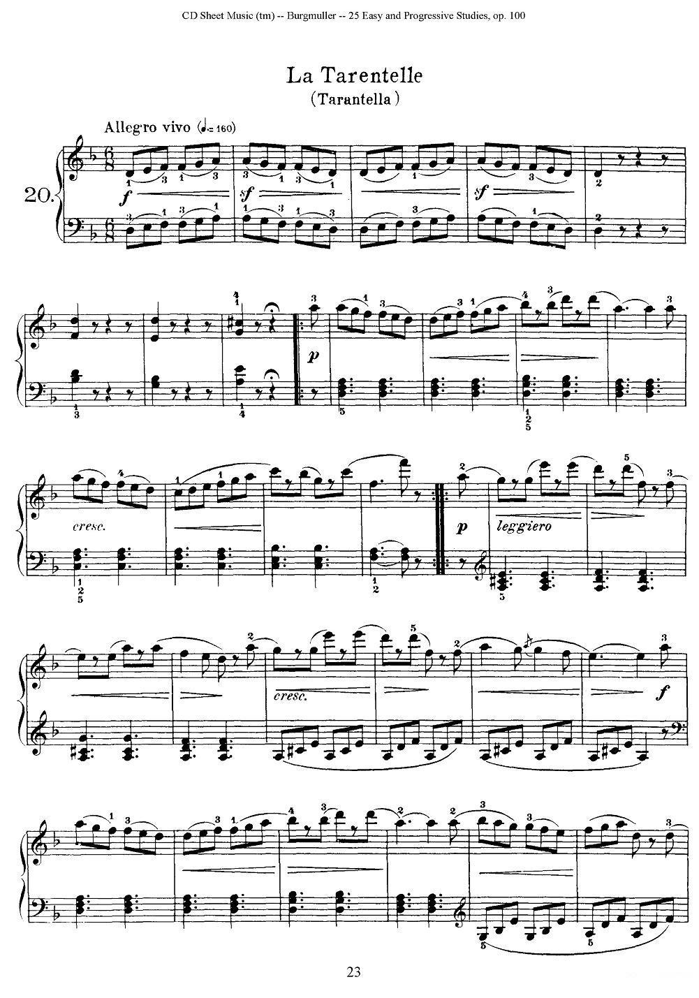 布尔格缪勒-25首钢琴进阶练习曲 Op.100（20、塔兰台拉舞曲）钢琴曲谱（图1）