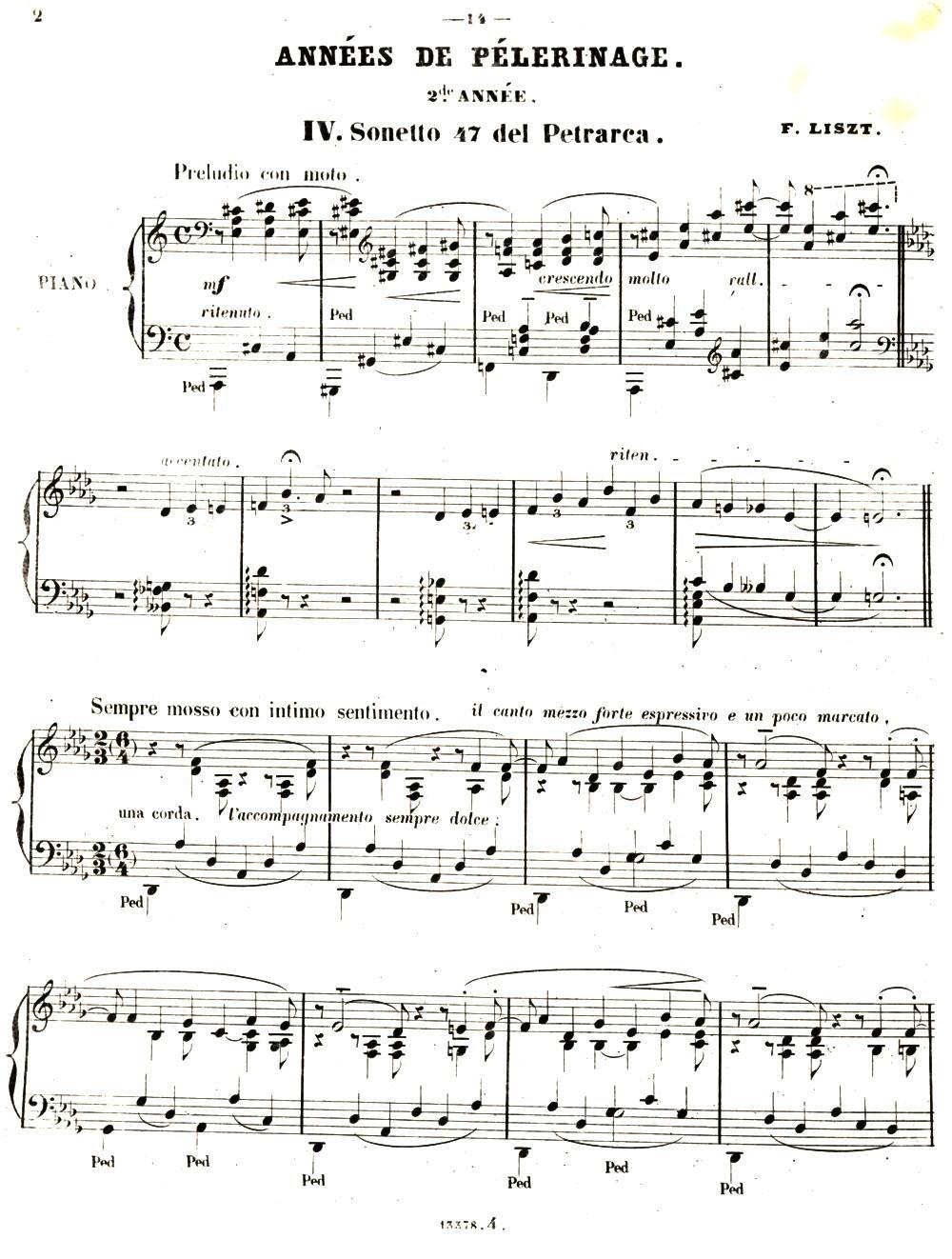 旅行岁月（第二集）意大利游记（4.彼特拉克的十四行诗第47号 Sonetto 47 del Petr钢琴曲谱（图1）