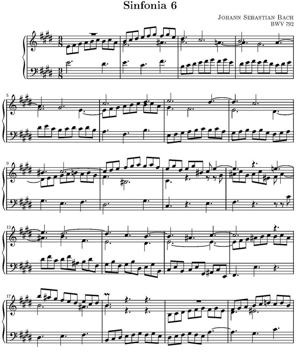 15首巴赫三部创意曲集（NO.6）钢琴曲谱（图1）
