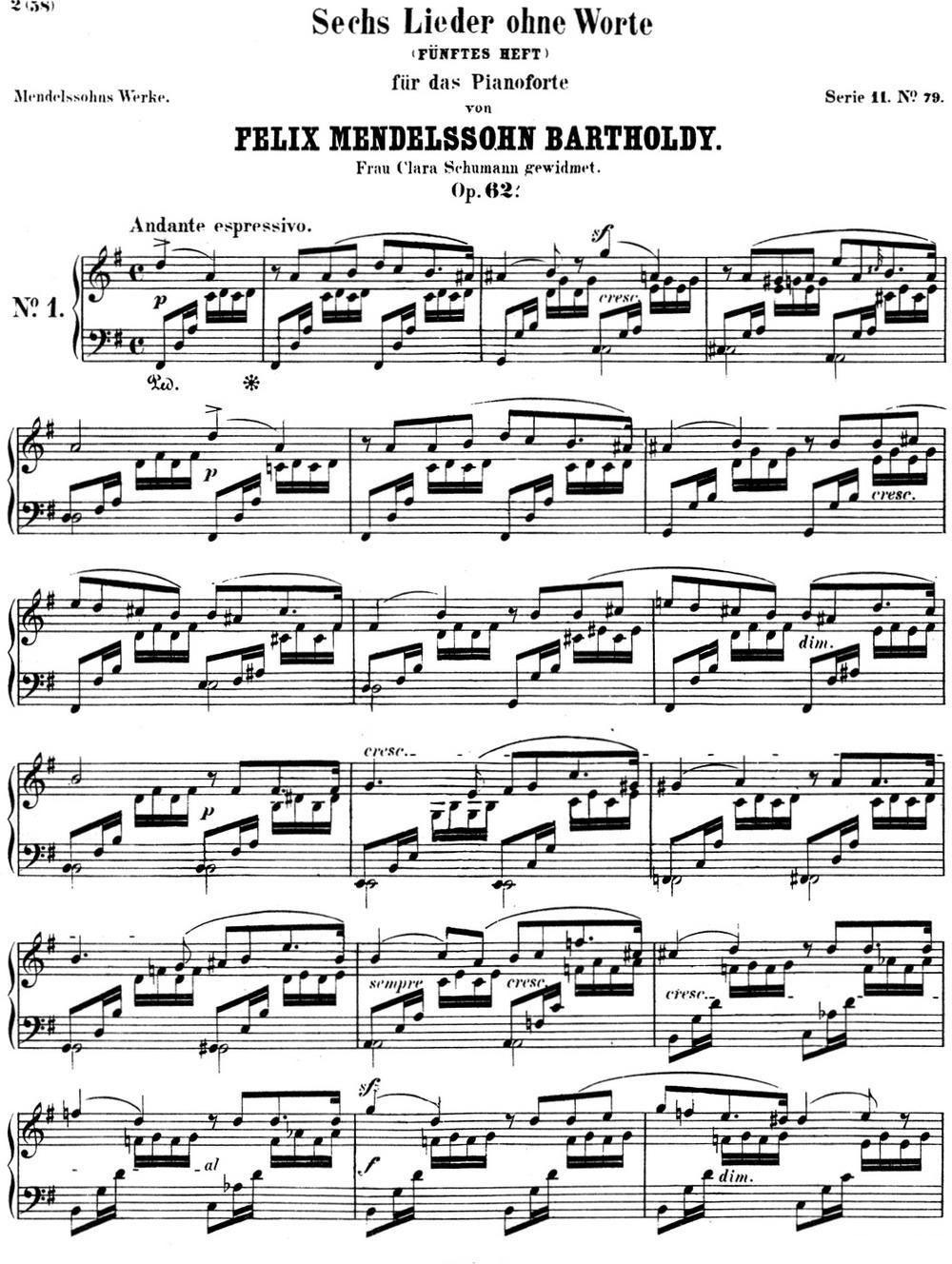 门德尔松无词歌Op.62（NO.1）钢琴曲谱（图1）