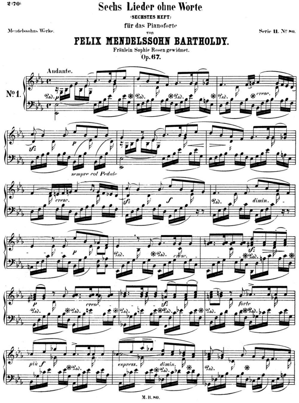 门德尔松无词歌Op.67（NO.1）钢琴曲谱（图1）