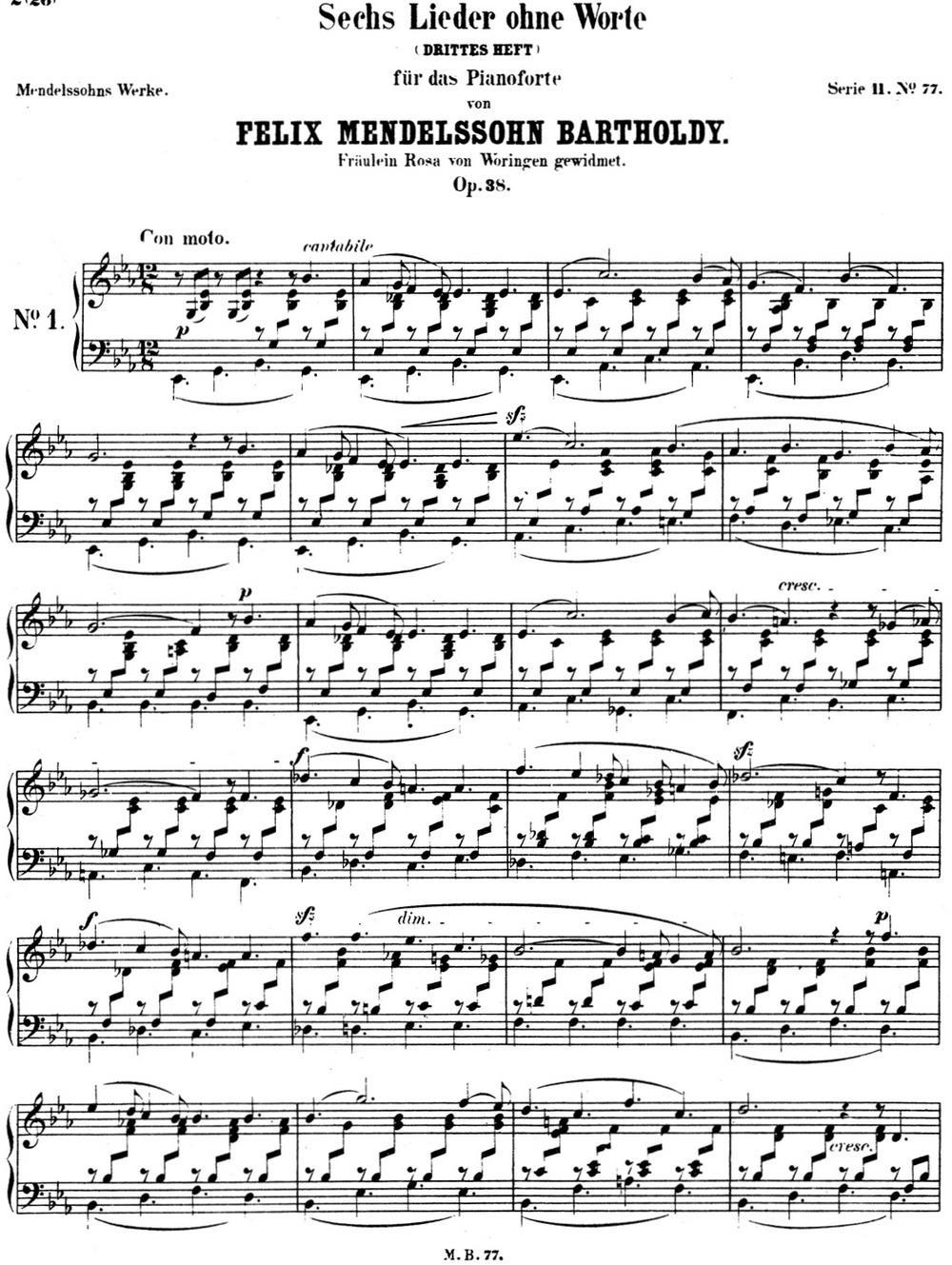 门德尔松无词歌Op.38（NO.1）钢琴曲谱（图1）