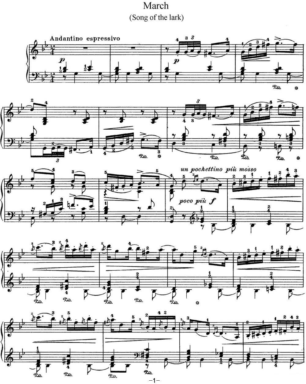 柴可夫斯基 四季 3月 云雀之歌 g小调 Song of the Lark G minor钢琴曲谱（图1）