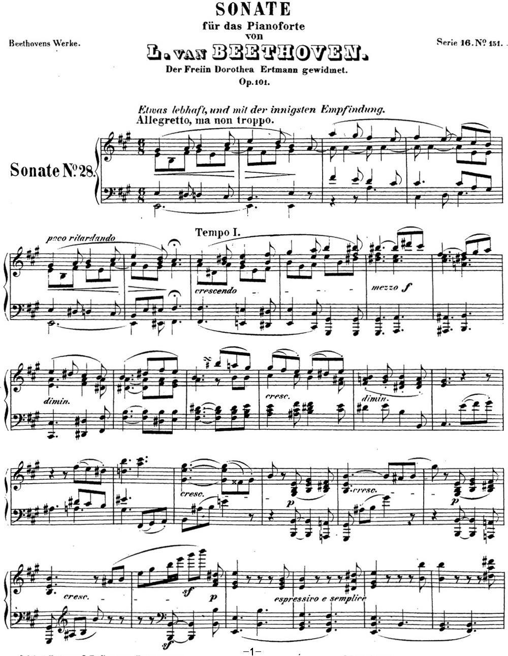 贝多芬钢琴奏鸣曲28 A大调 Op.101 A major钢琴曲谱（图1）