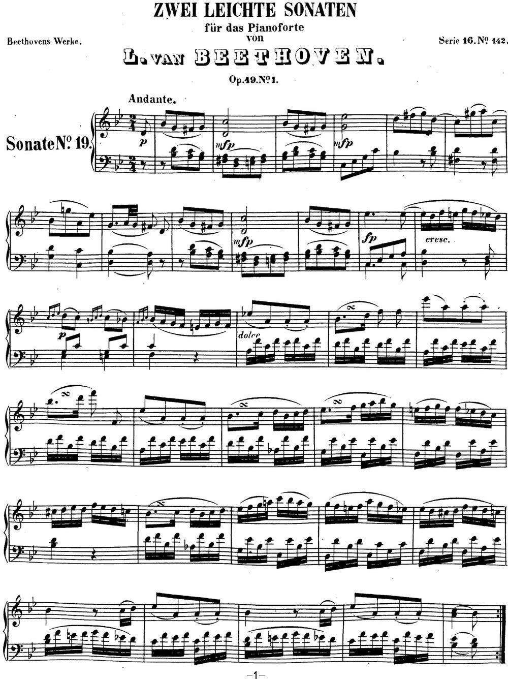 贝多芬钢琴奏鸣曲19 g小调 Op.49 No.1 G minor钢琴曲谱（图1）