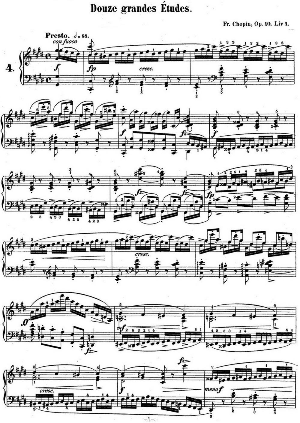 肖邦练习曲4 Op.10 No.4 激流 升c小调 C minor Torrent钢琴曲谱（图1）
