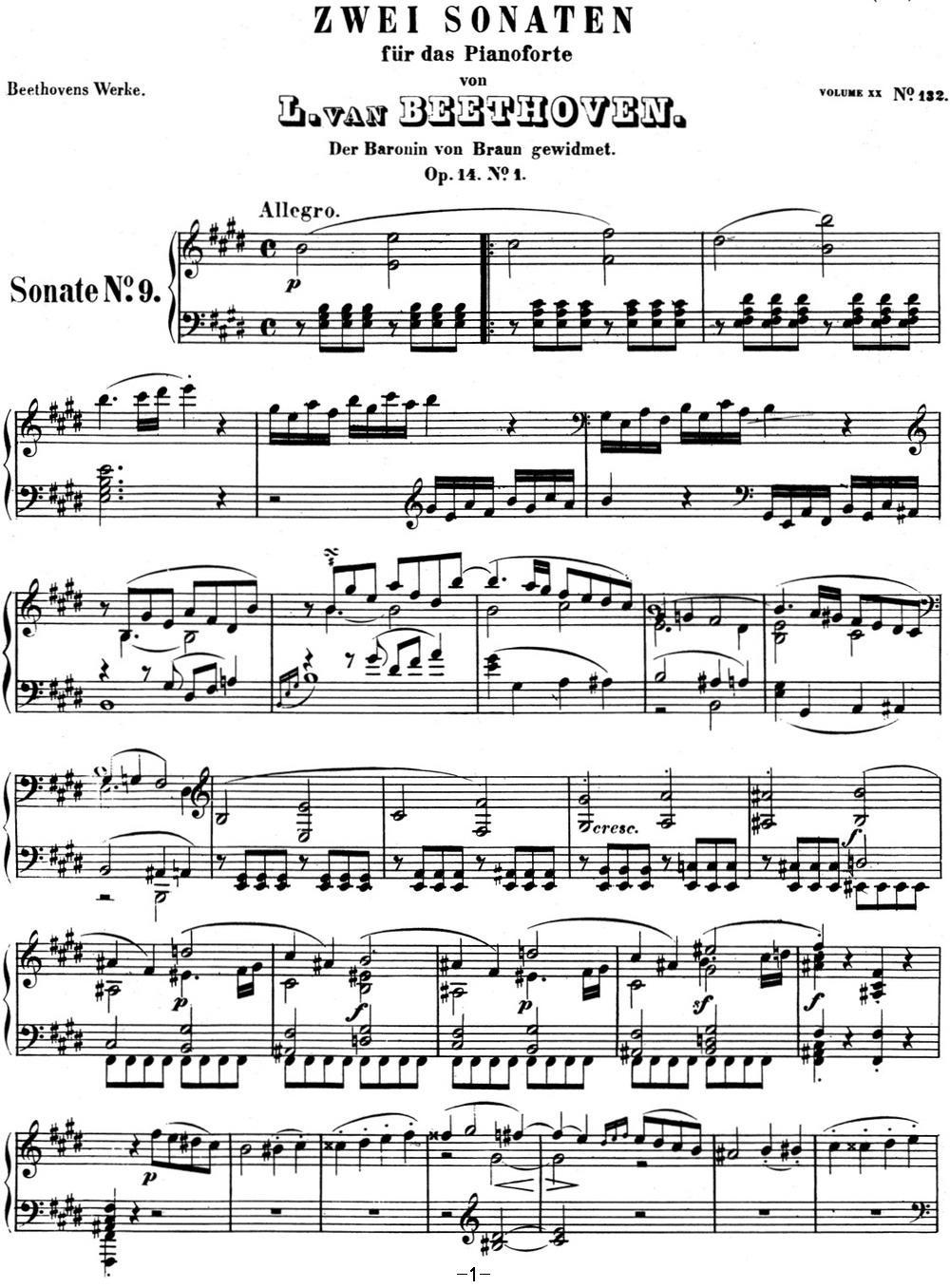 贝多芬钢琴奏鸣曲09 E大调 Op.14 No.1 E major钢琴曲谱（图1）