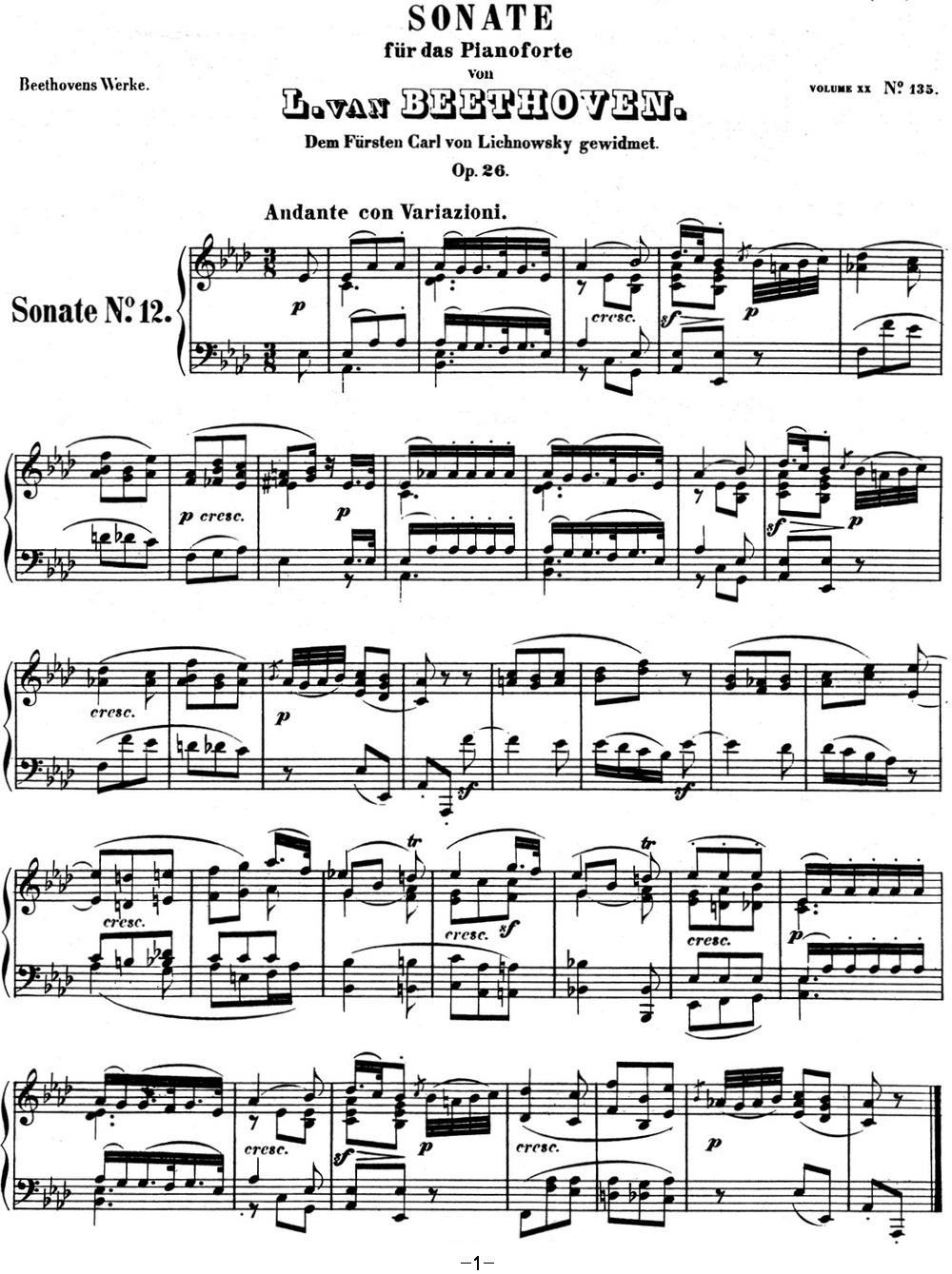 贝多芬钢琴奏鸣曲12 葬礼进行曲 降A大调 Op.26 A-flat major钢琴曲谱（图1）