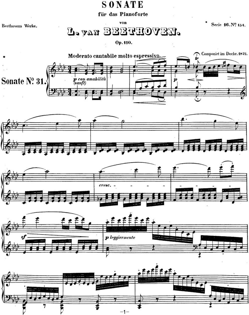 贝多芬钢琴奏鸣曲31 降A大调 Op.110 A-flat major钢琴曲谱（图1）