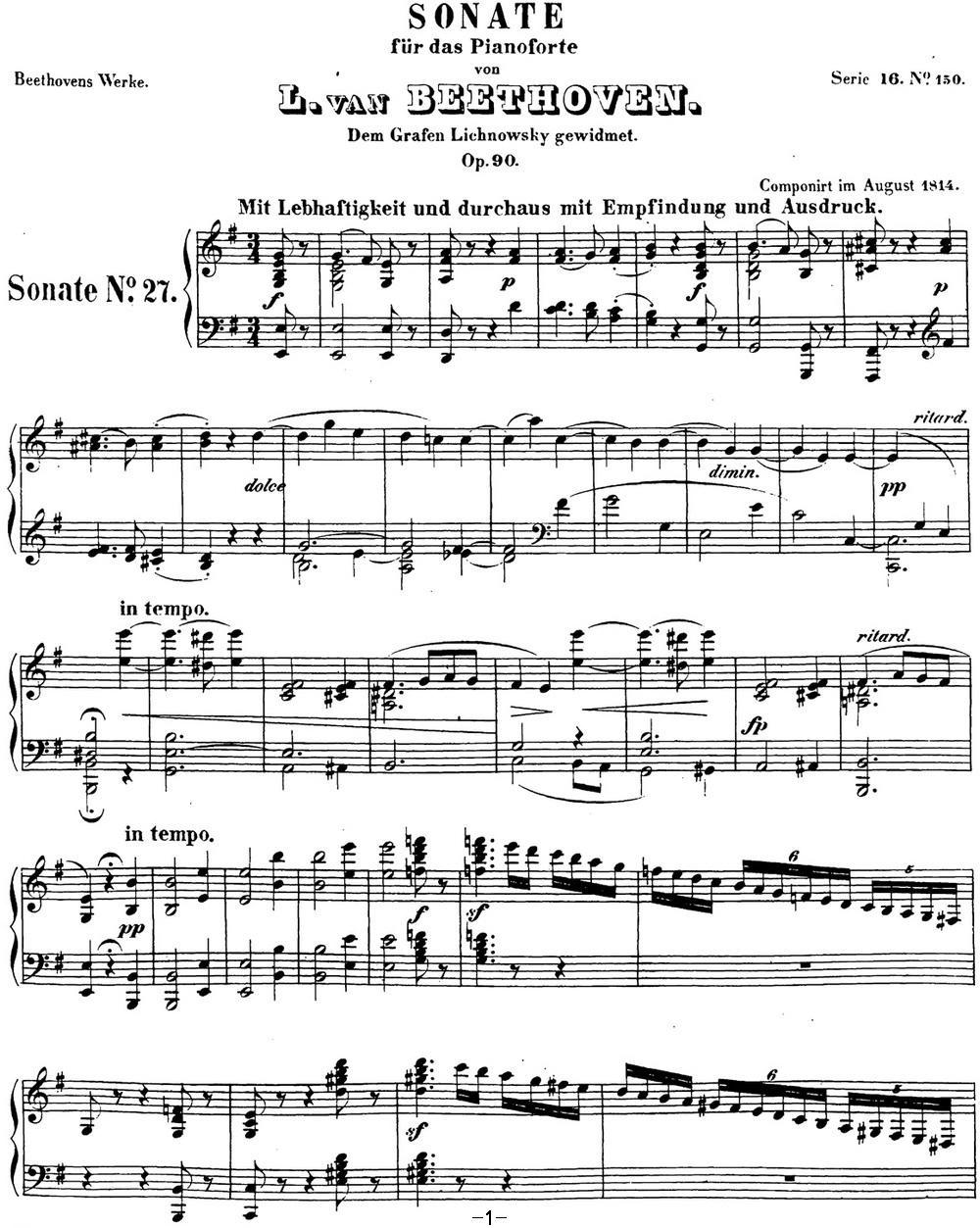 贝多芬钢琴奏鸣曲27 e小调 Op.90 E minor钢琴曲谱（图1）