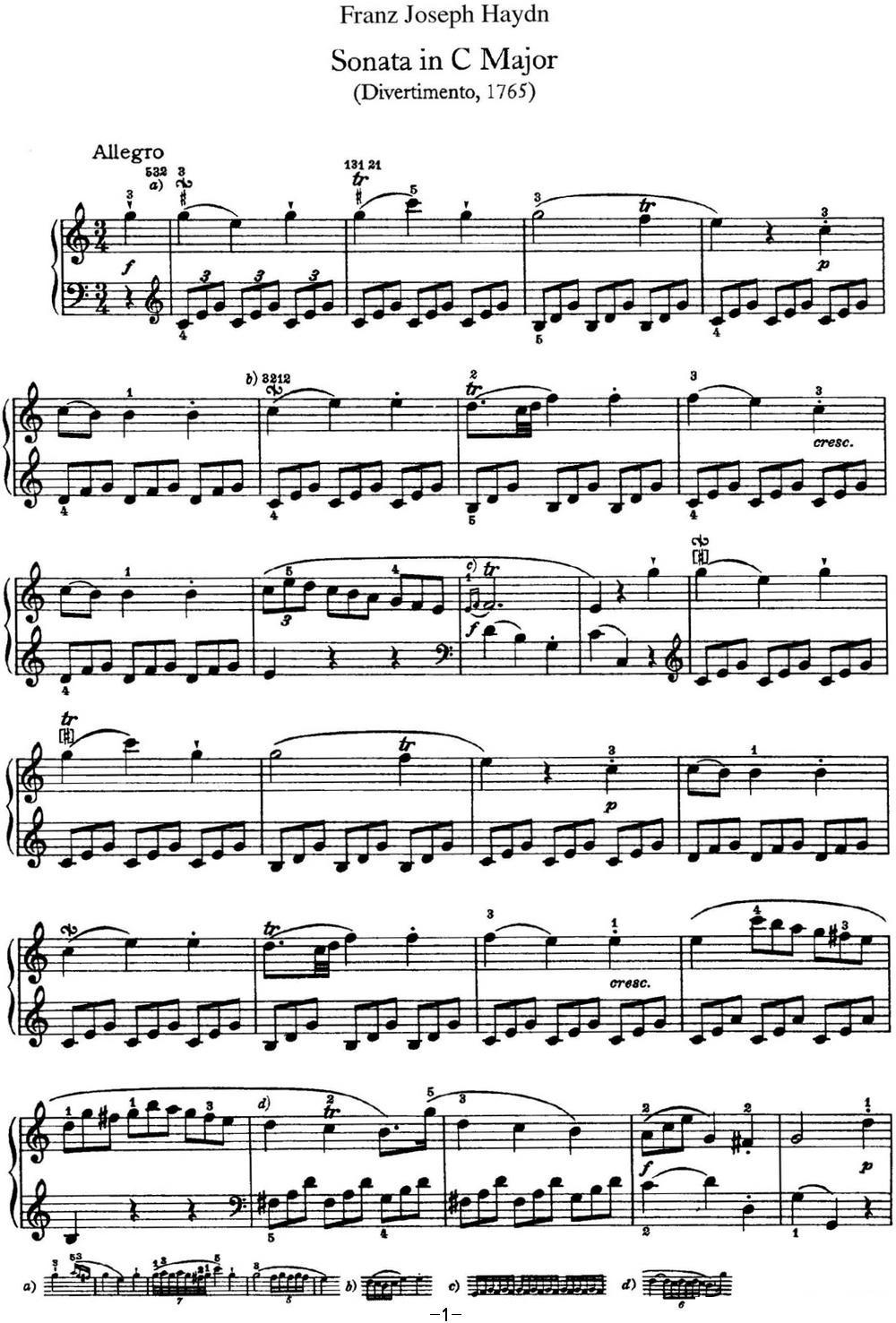 海顿 钢琴奏鸣曲 Hob XVI 3 Divertimento C major钢琴曲谱（图1）