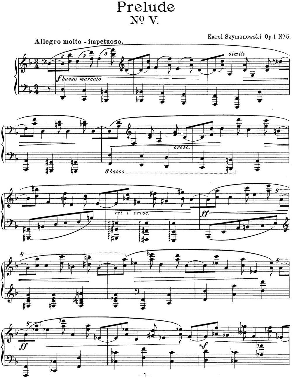 希曼诺夫斯基 9首钢琴前奏曲 Op.1 No.5钢琴曲谱（图1）