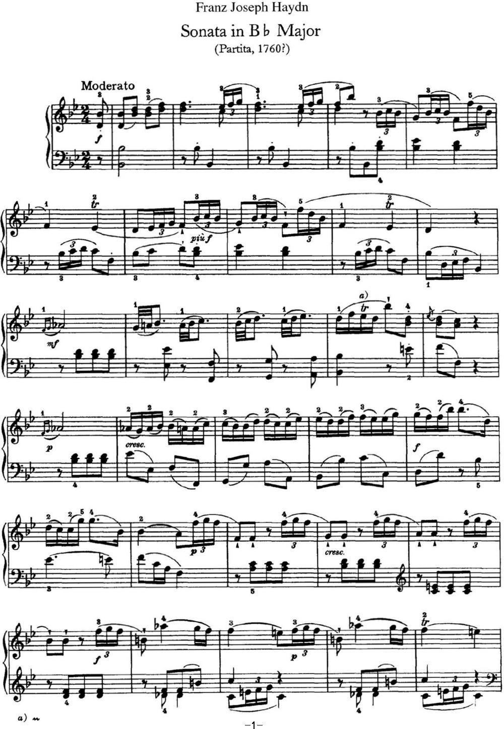 海顿 钢琴奏鸣曲 Hob XVI 2 Partita B-flat major钢琴曲谱（图1）