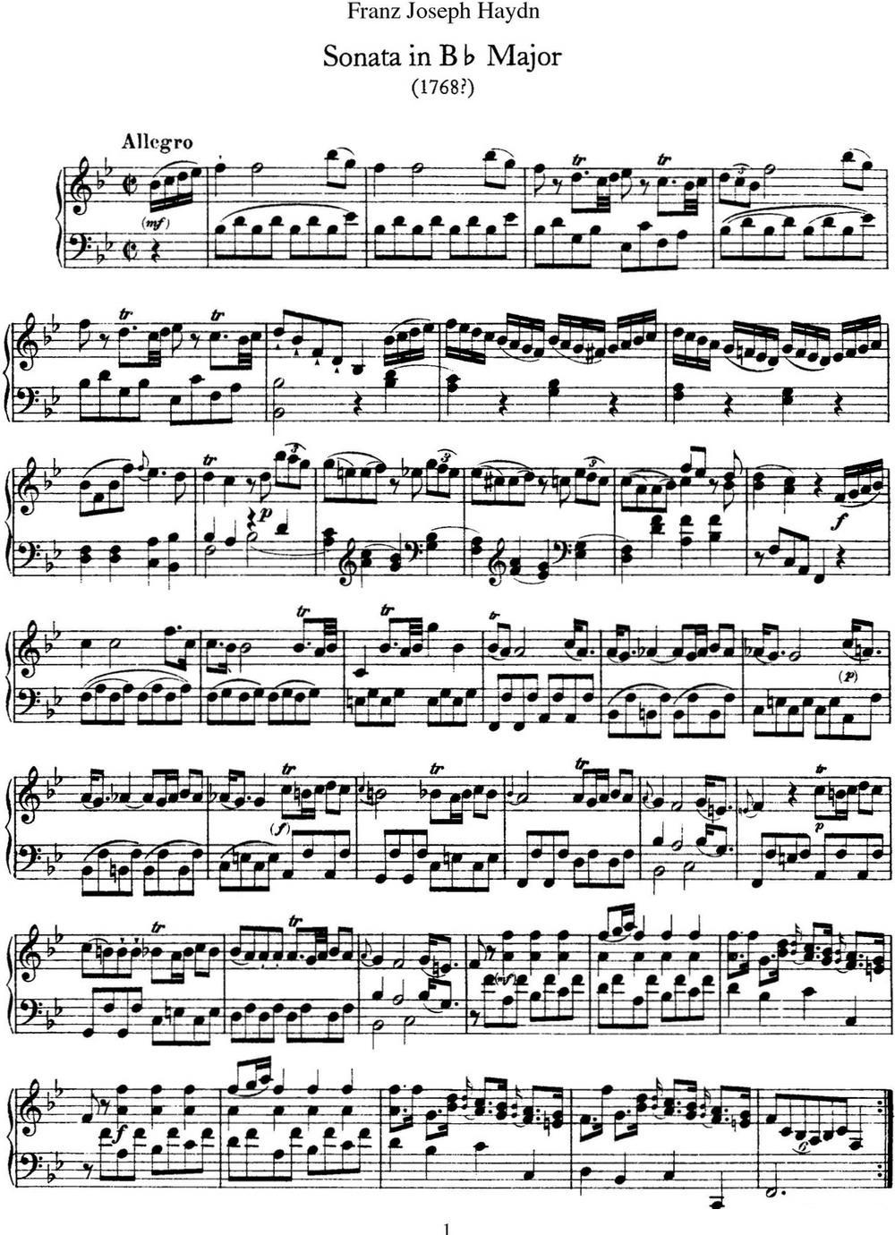 海顿 钢琴奏鸣曲 Hob XVI 17 in B-flat major钢琴曲谱（图1）